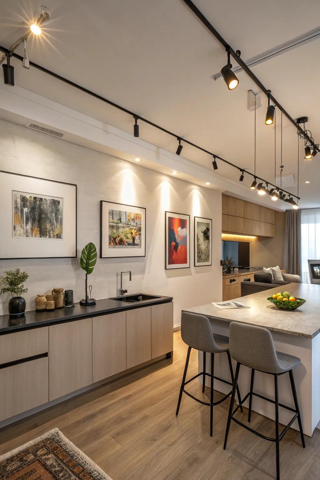 Track lighting offers flexibility, directing light precisely where needed.