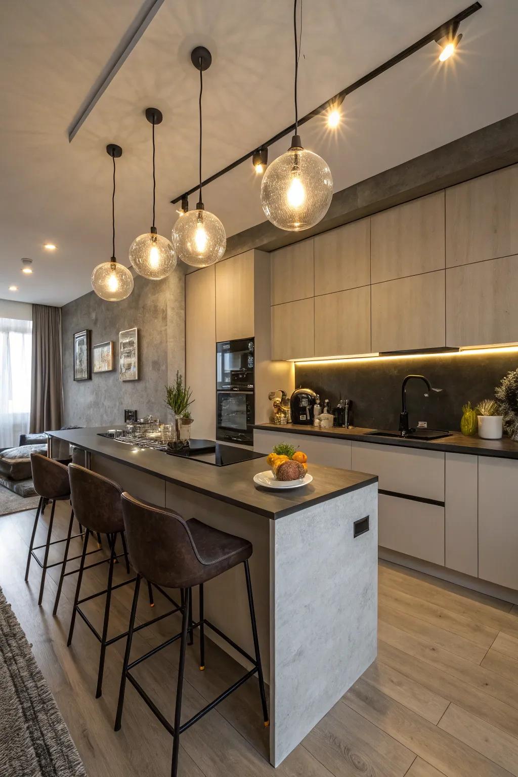 Globe lights add a modern and playful element to kitchen decor.