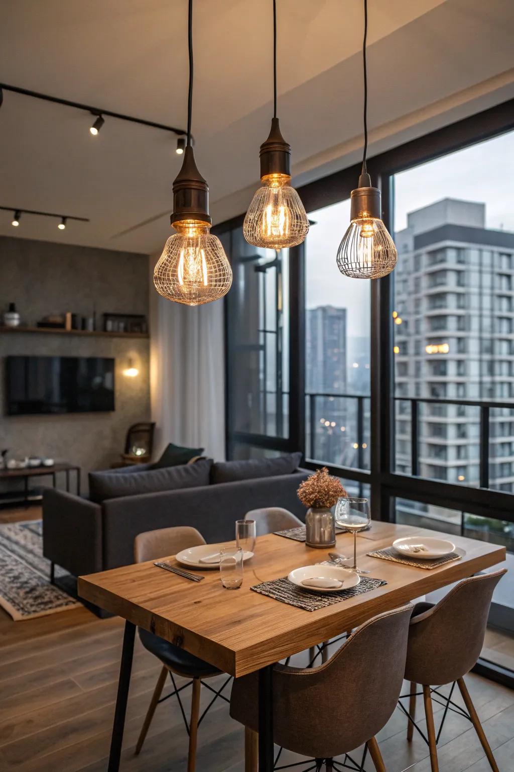 Plug-in pendant lights add a modern touch to dining areas, creating a stylish focal point.