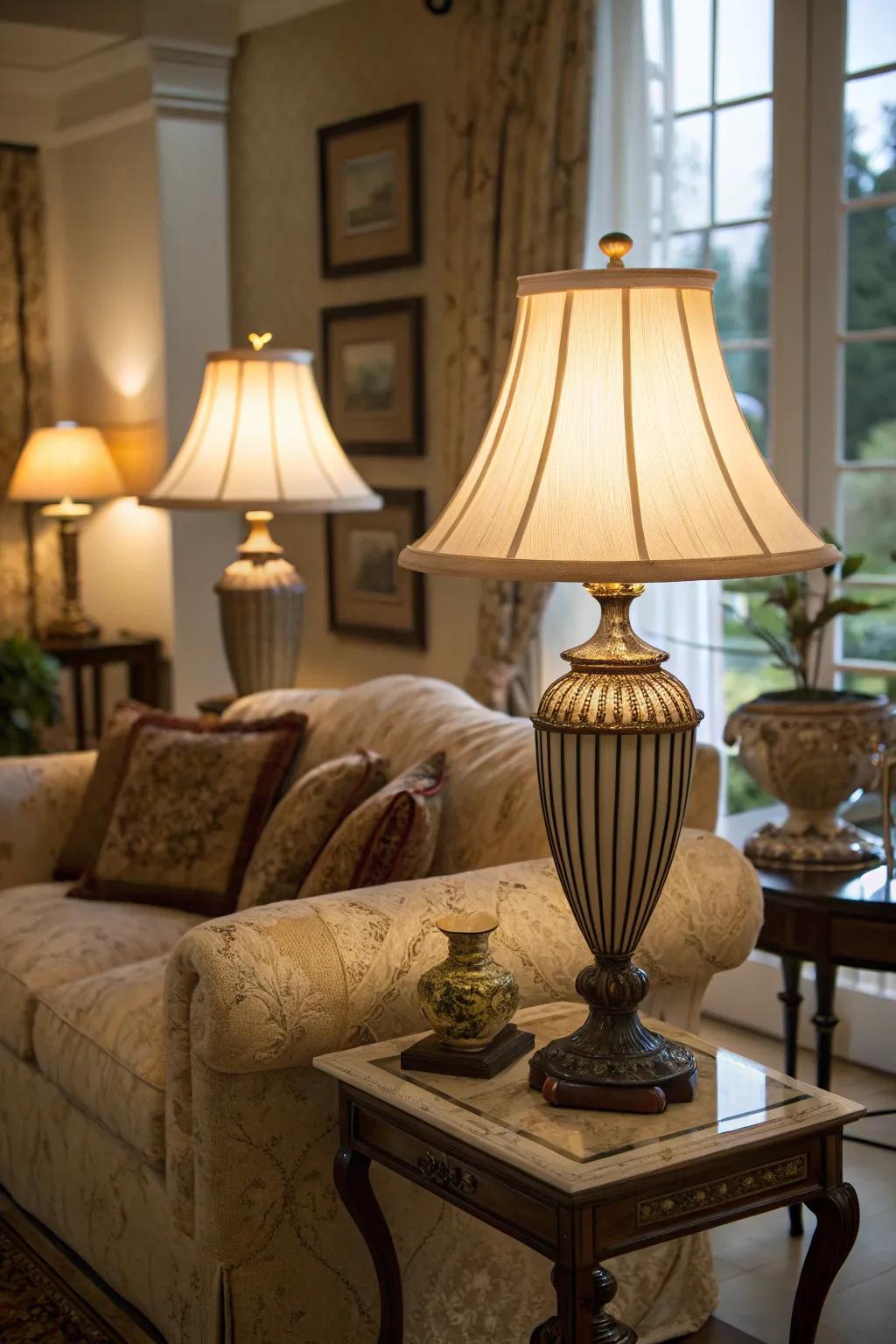 Table lamps add layers of soft lighting, enhancing the cozy atmosphere.