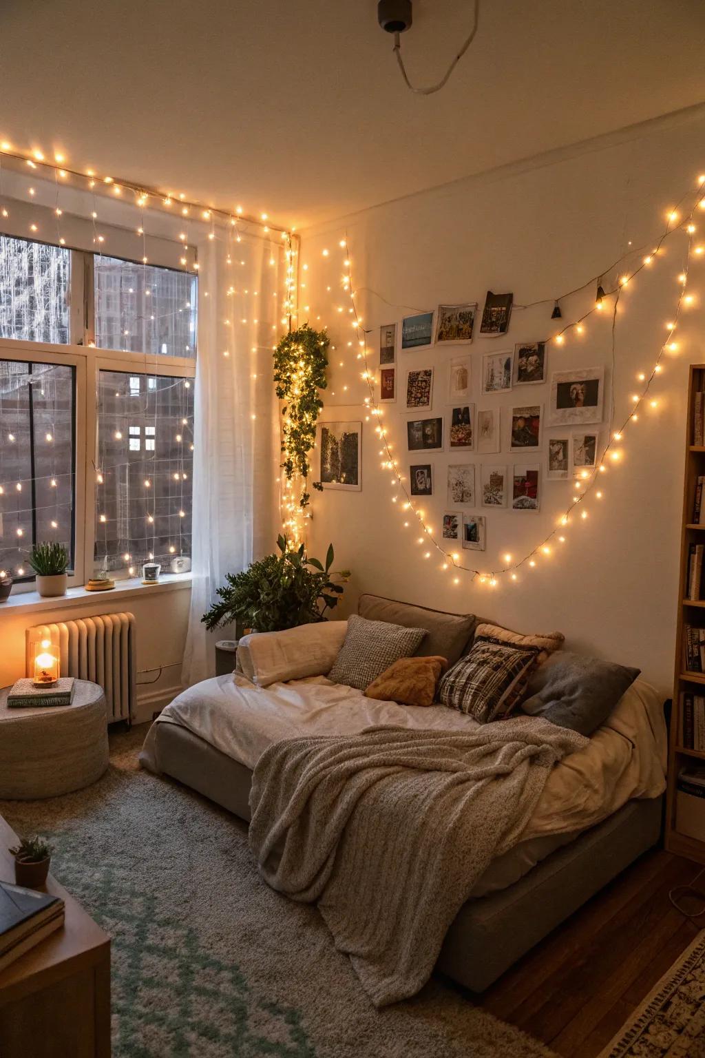 String lights add a cozy and whimsical charm to any apartment room.