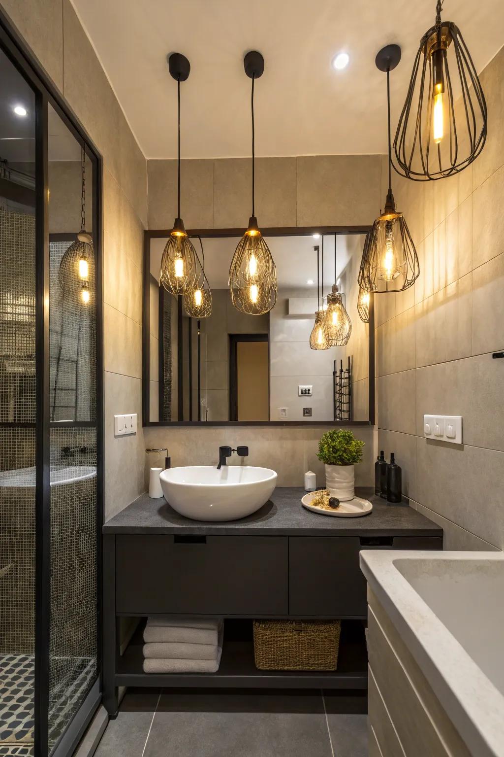 Low-hanging pendant lights transform bathrooms into chic, well-lit retreats.