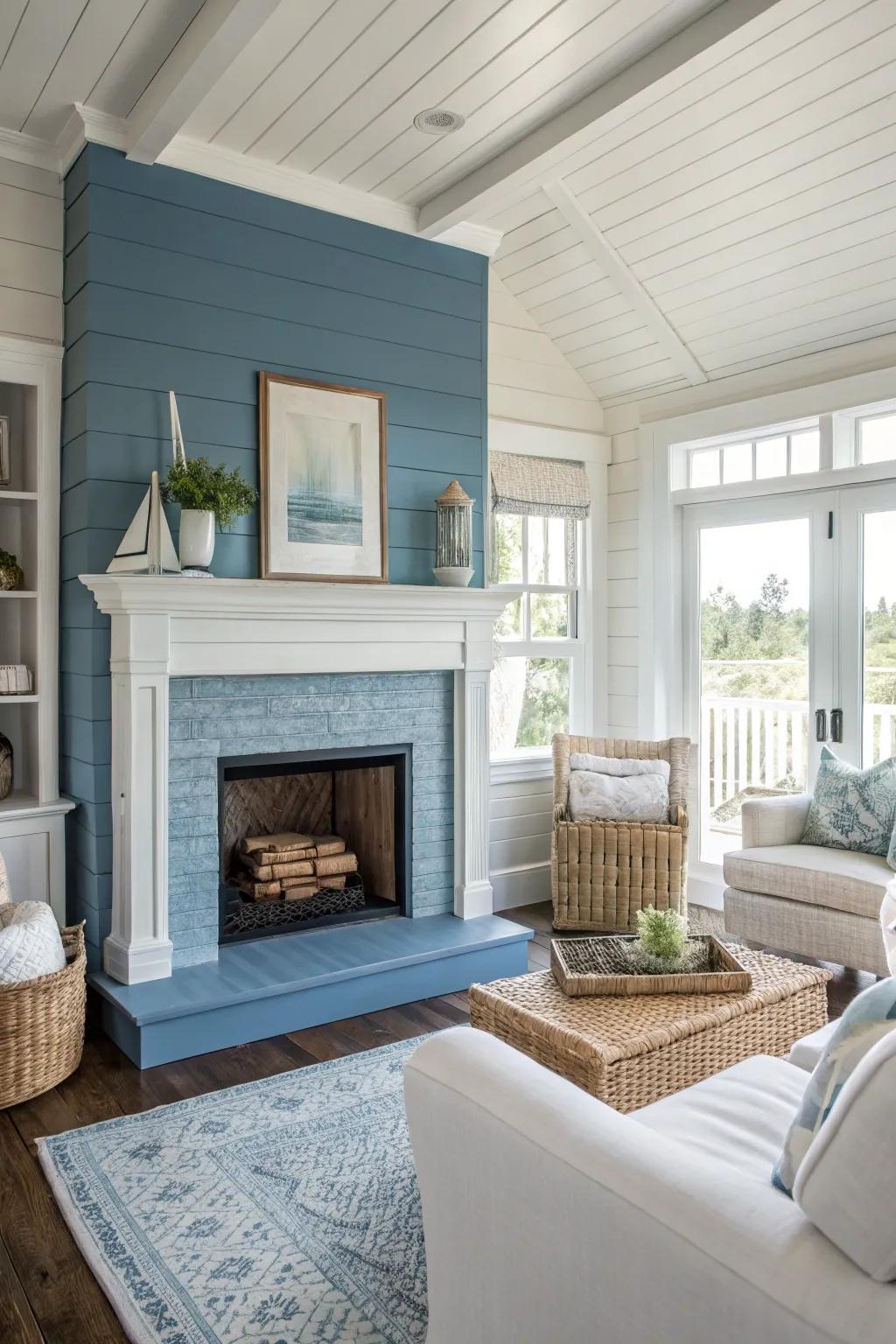 Blue shiplap brings coastal charm and a breezy atmosphere.
