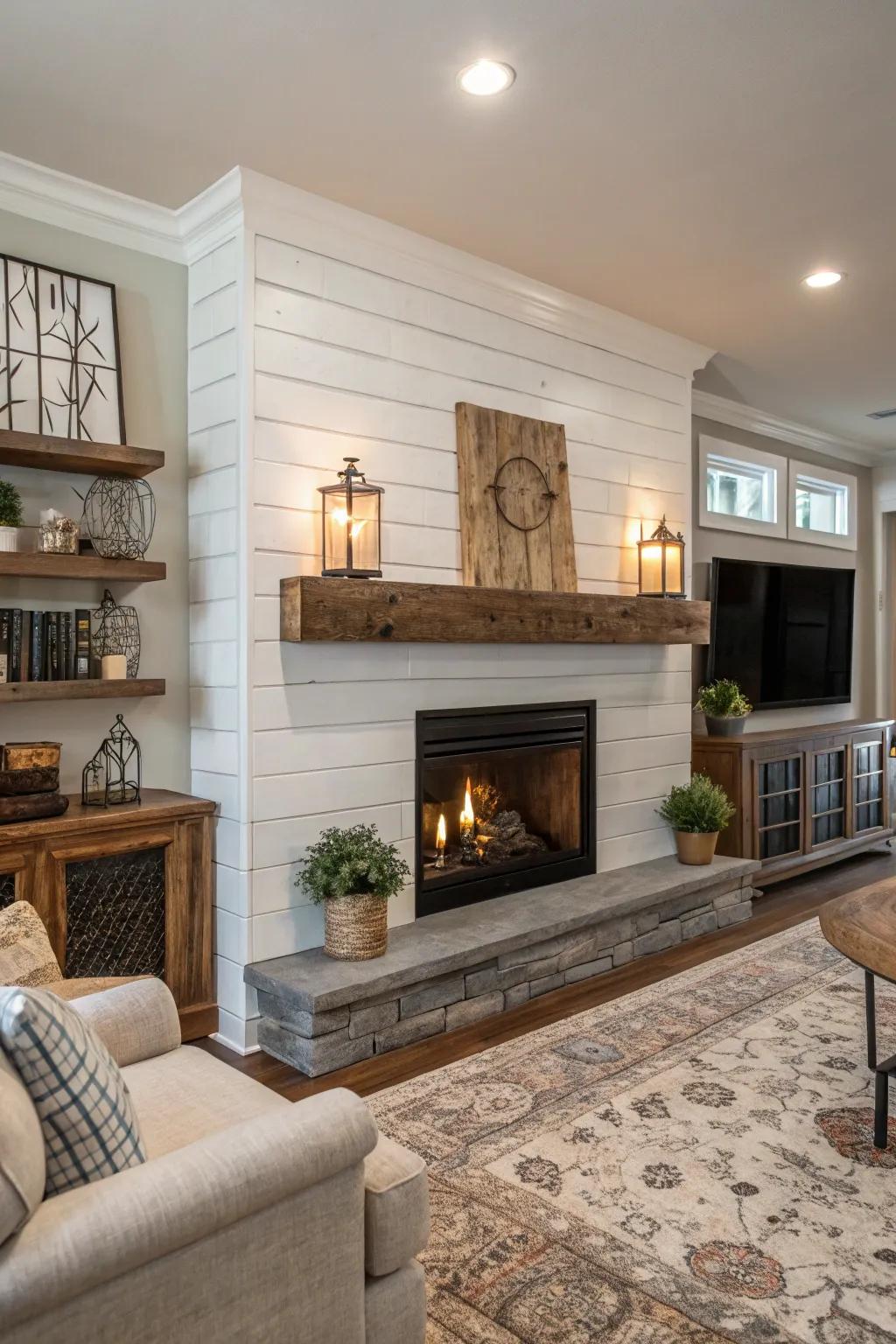 A fusion of rustic and modern elements creates a stylish fireplace.