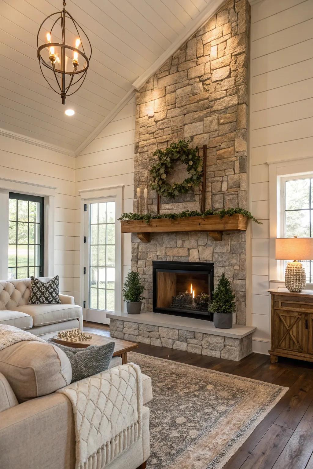The combination of shiplap and stone adds elegance and texture.