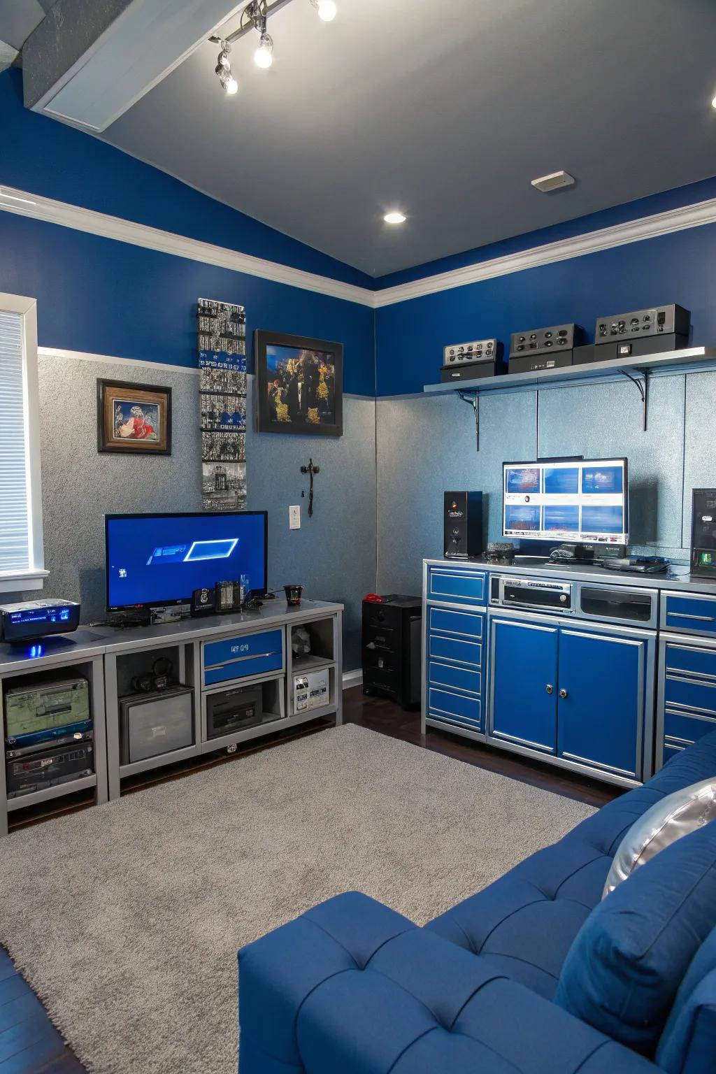 A coordinated color theme enhances the gaming space's visual cohesion.