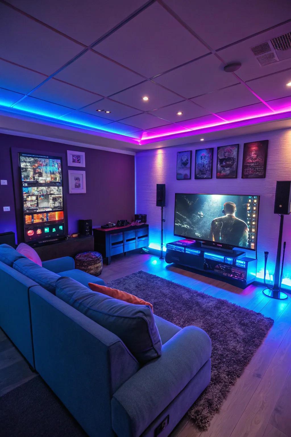 A gaming setup illuminated with LED mood lighting for heightened immersion.