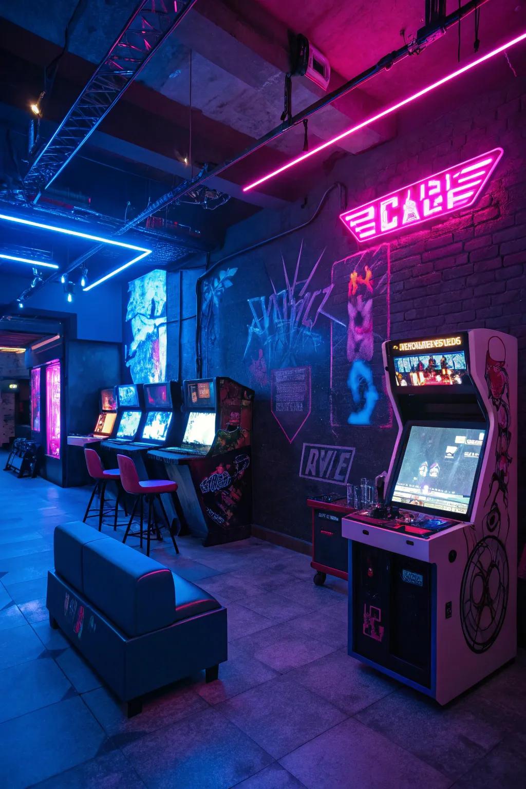 Create a futuristic gaming space with vivid neon accents.