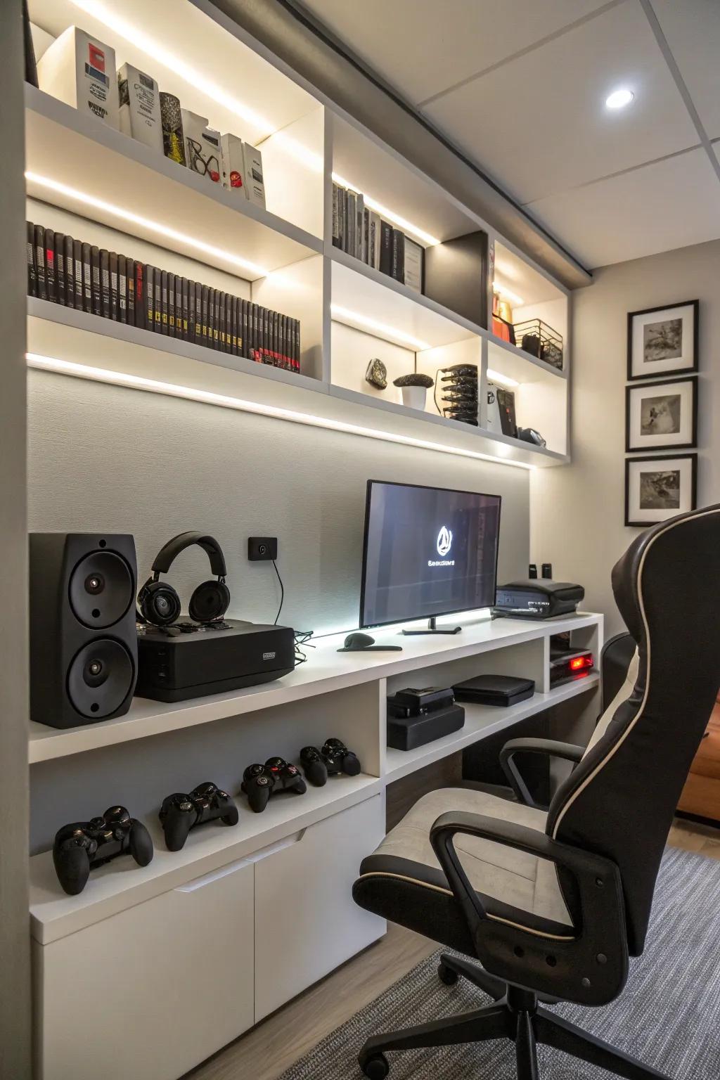 Integrate gaming accessories into your room's decor for a stylish display.