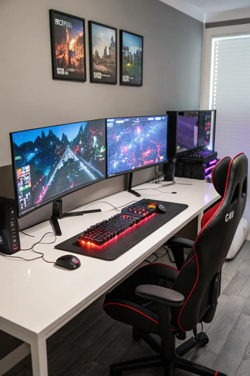 An expansive gaming experience with a multi-screen setup.