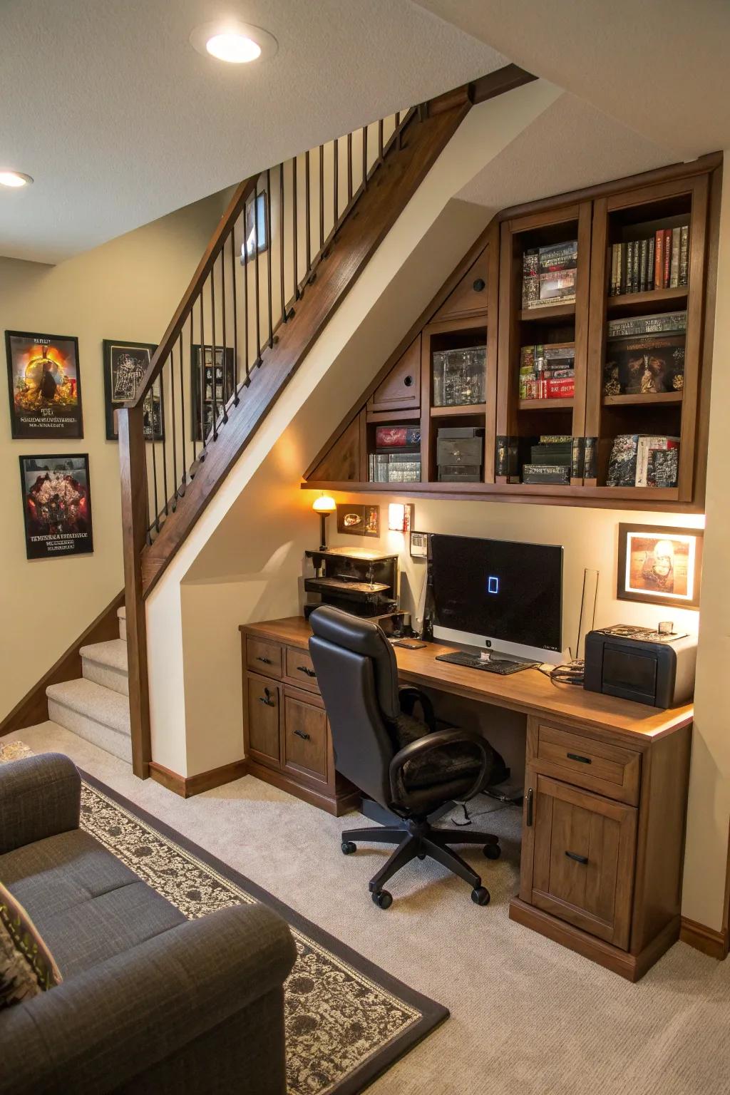 An understairs gaming room maximizes space creatively.