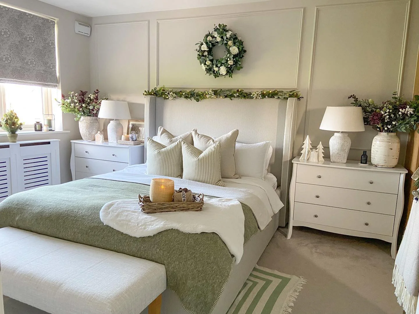 Serene Sage and Cream Palette for Winter Elegance (Christmas Bedroom Ideas)