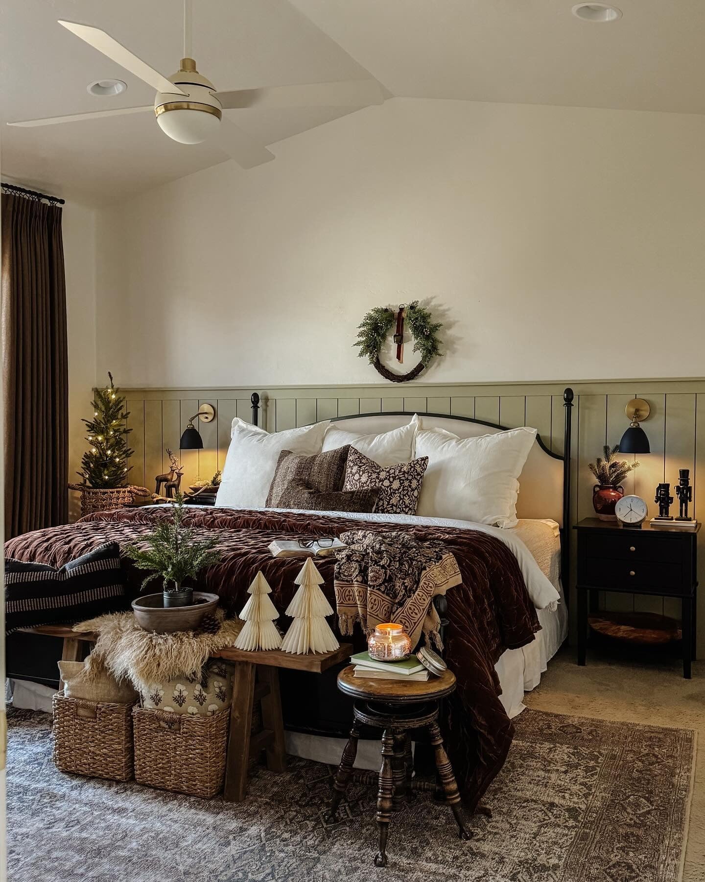 Rich Vintage Layers with Ambient Lighting (Christmas Bedroom Ideas)