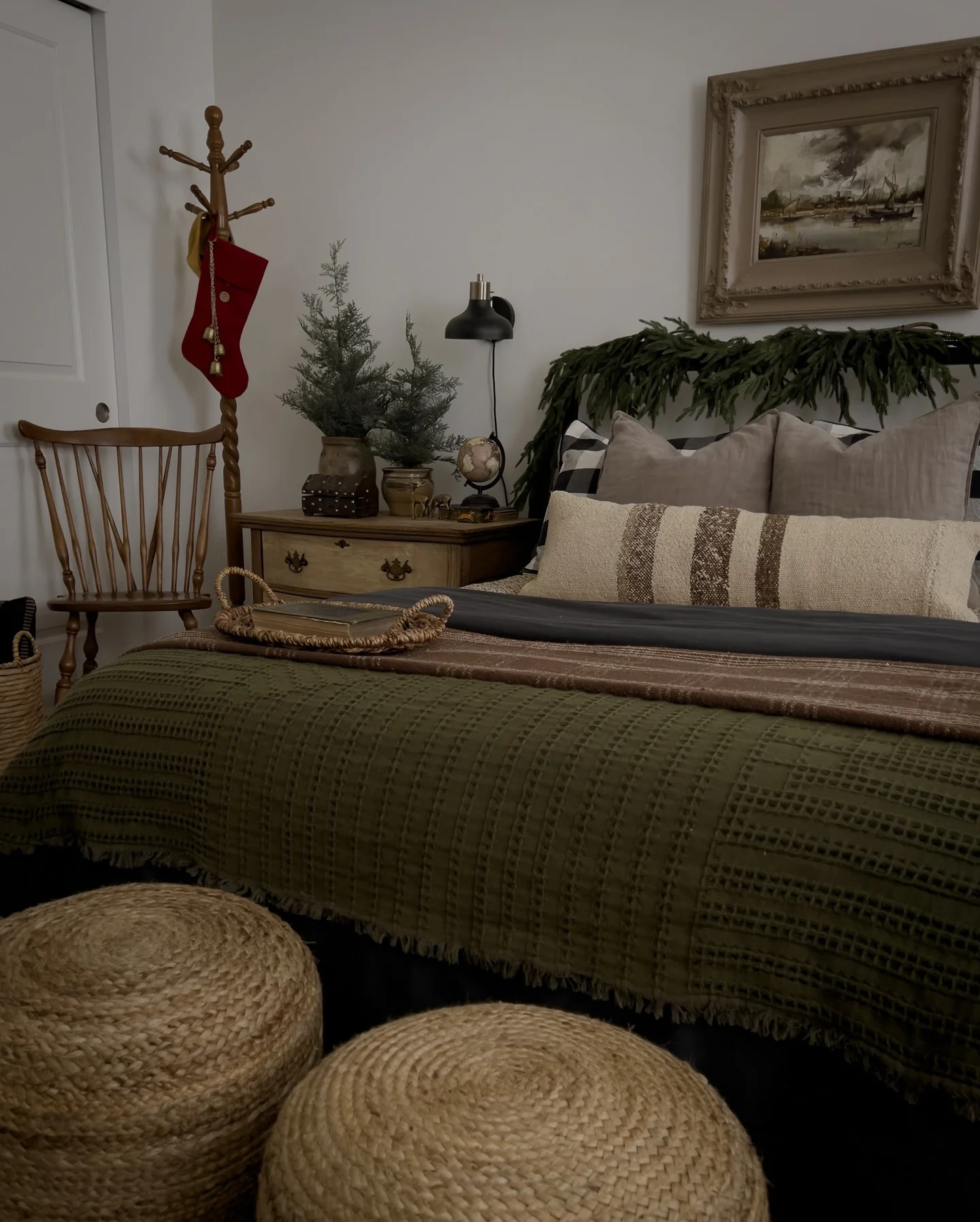 Muted Rustic Greens Enhanced by Vintage Details (Christmas Bedroom Ideas)