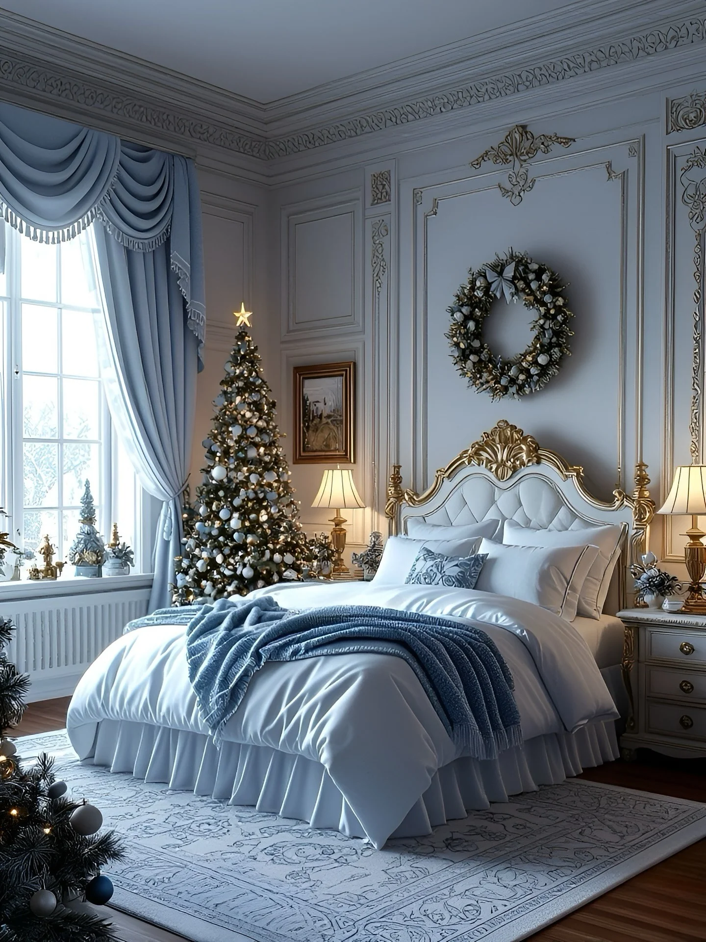 Parisian Glamour in Blue and Gold (Christmas Bedroom Ideas)