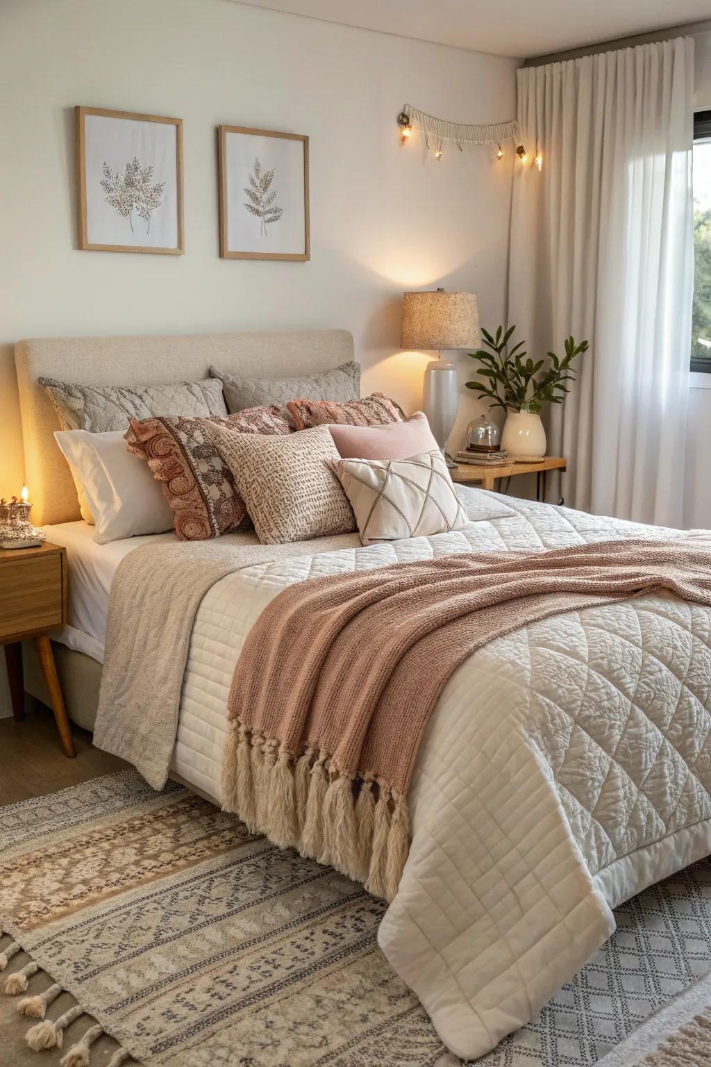 Layering textiles introduces comfort and pops of color to your bedroom.