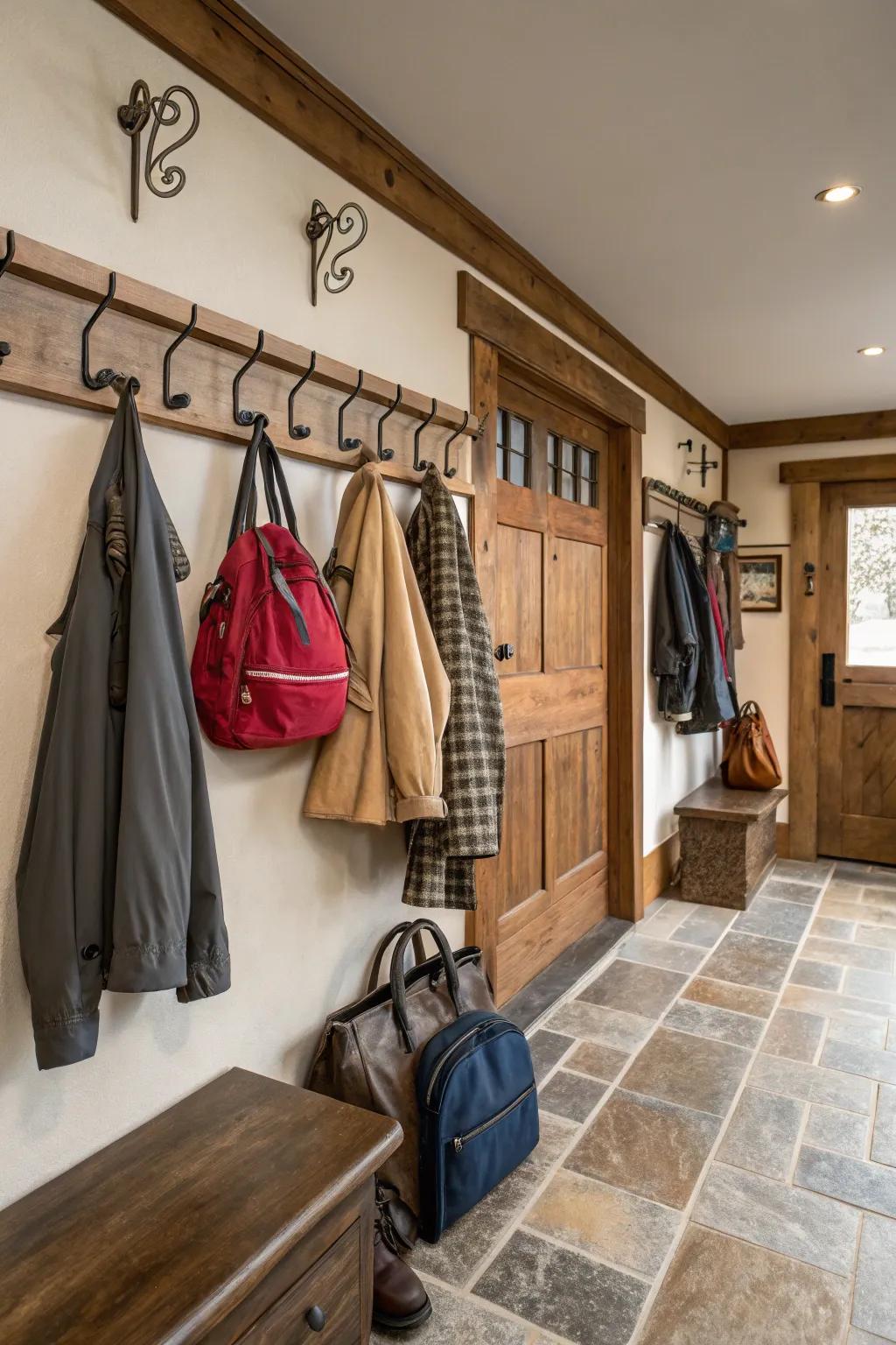 Keep all your essentials handy using wall hooks.