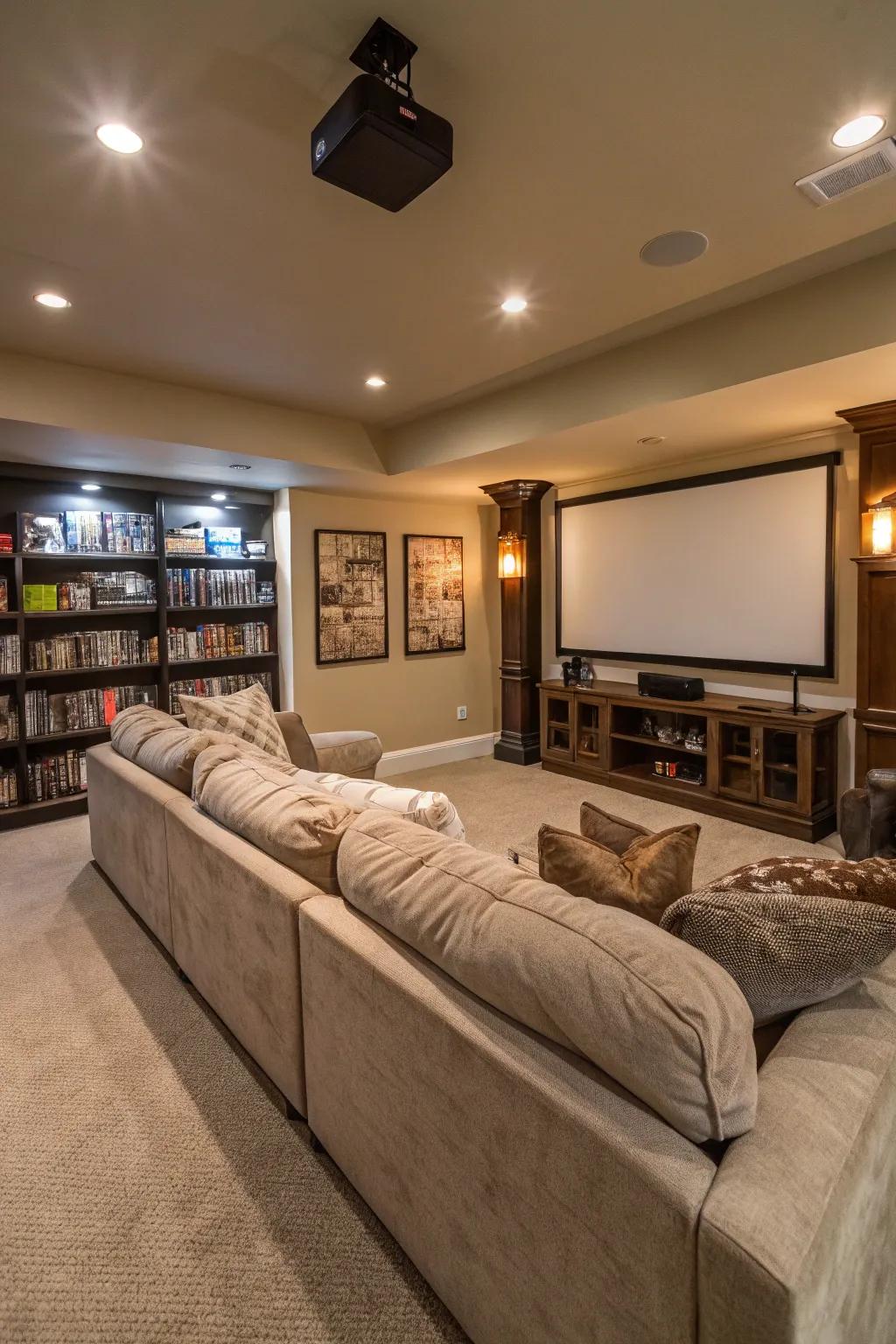 Curved sofas make movie nights especially comfortable.
