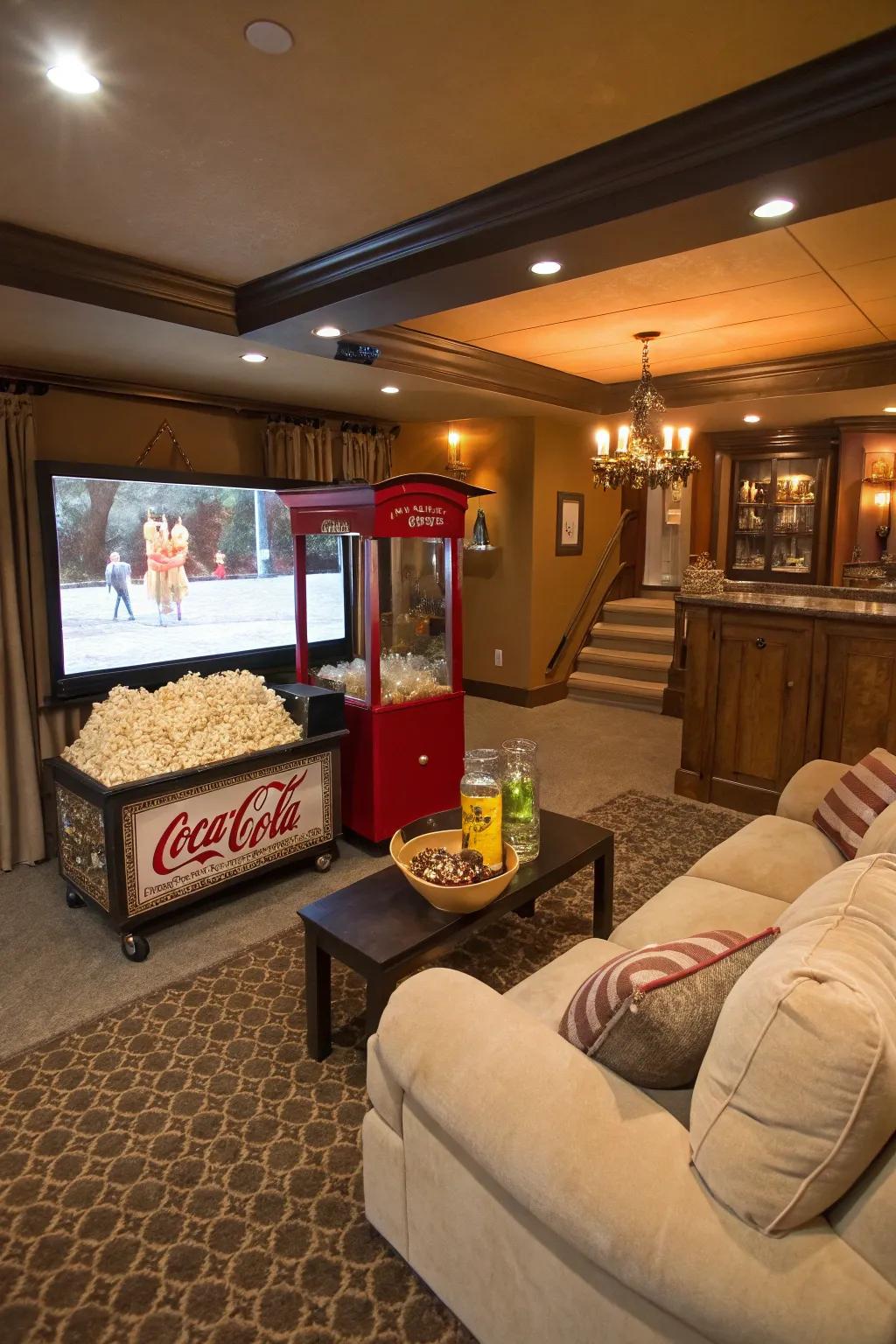 A snack station adds a playful element to your movie nights.