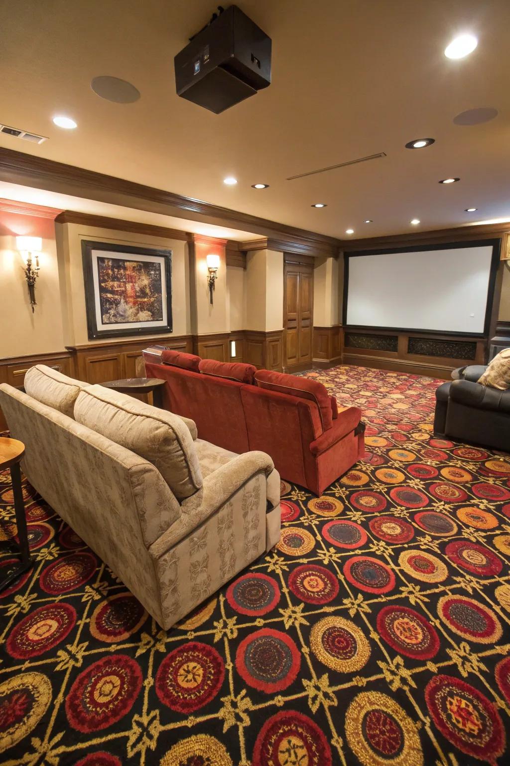A bold carpet adds character to your movie room.