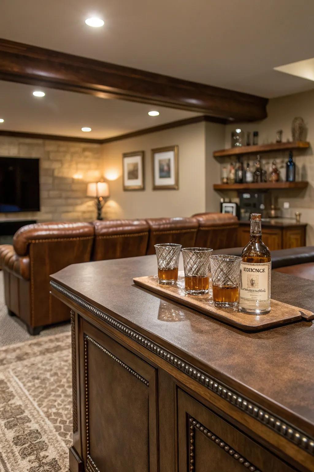 Leather injects warmth and texture to bar tops.