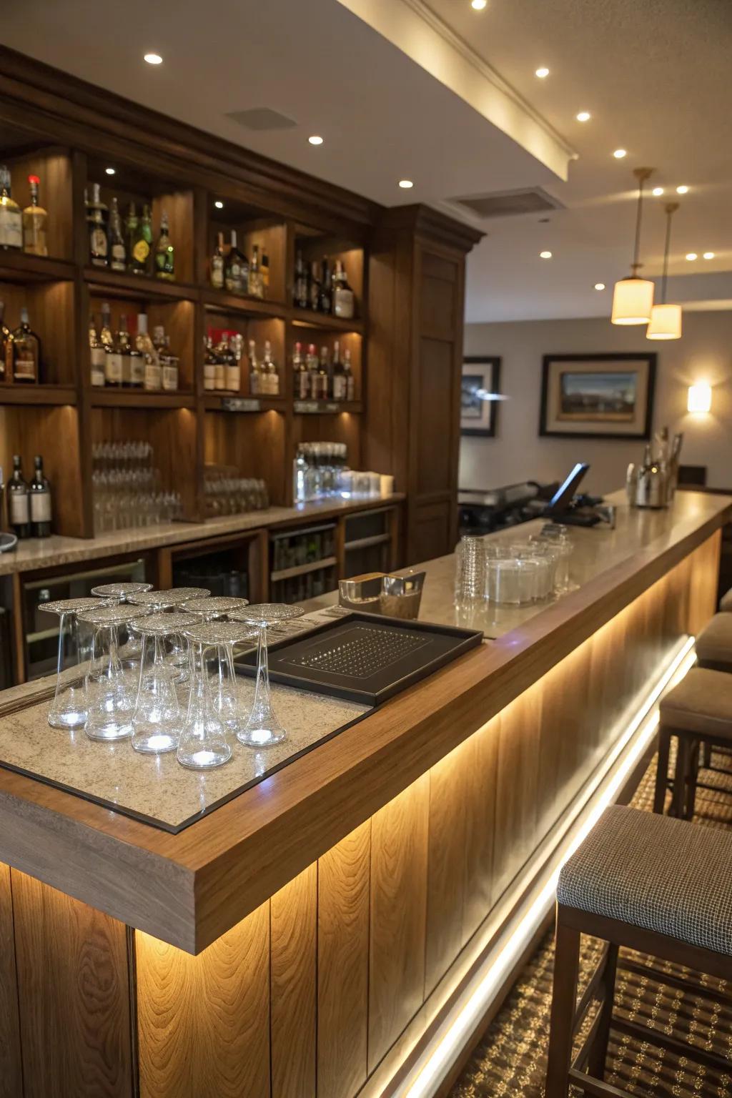 Integrated lighting elevates the bar top atmosphere.
