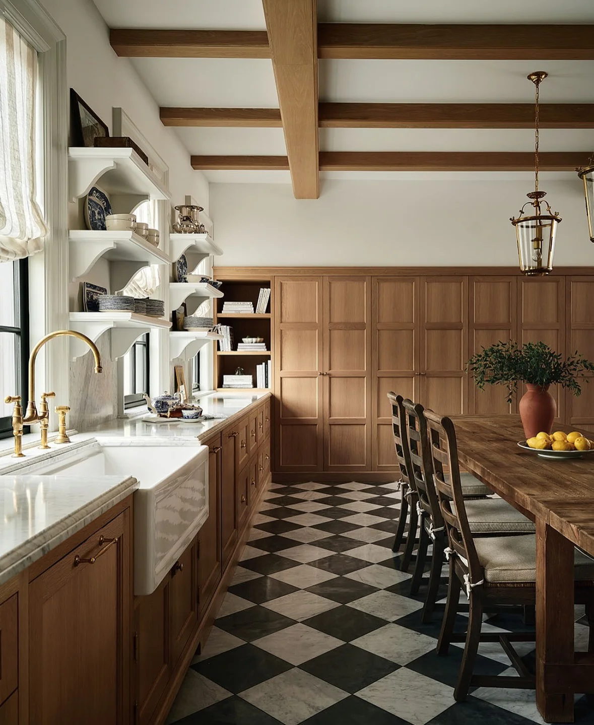 Classic country kitchen with checkered marble floor
