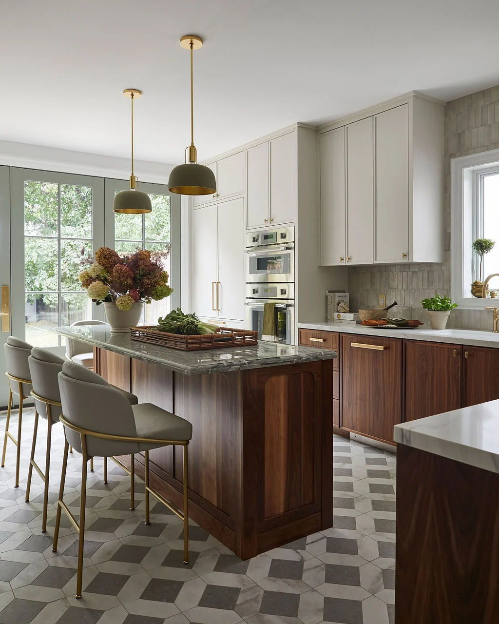 Kitchen with walnut cabinets and hexagonal tile floor