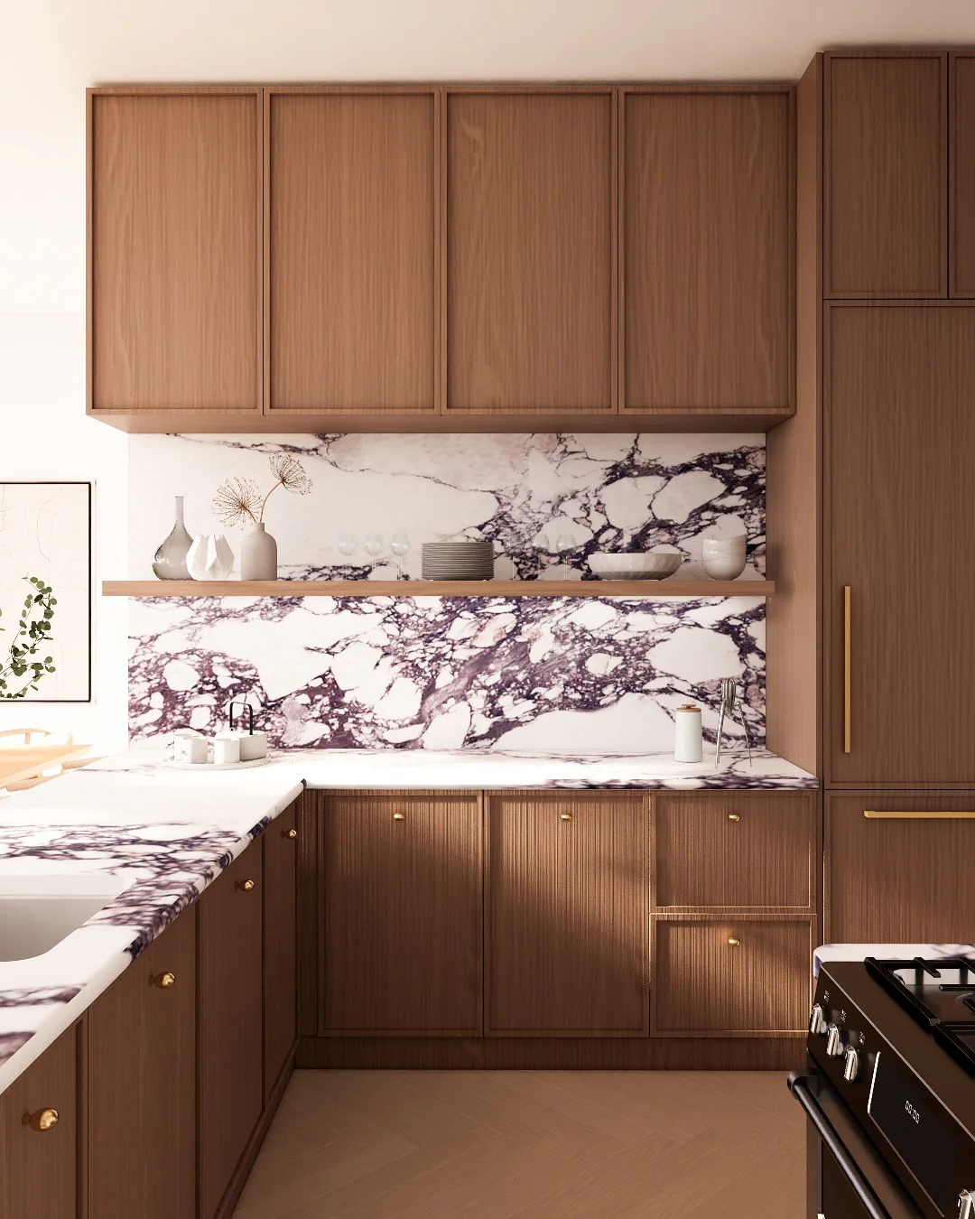 Kitchen with bold veined stone and brown cabinets