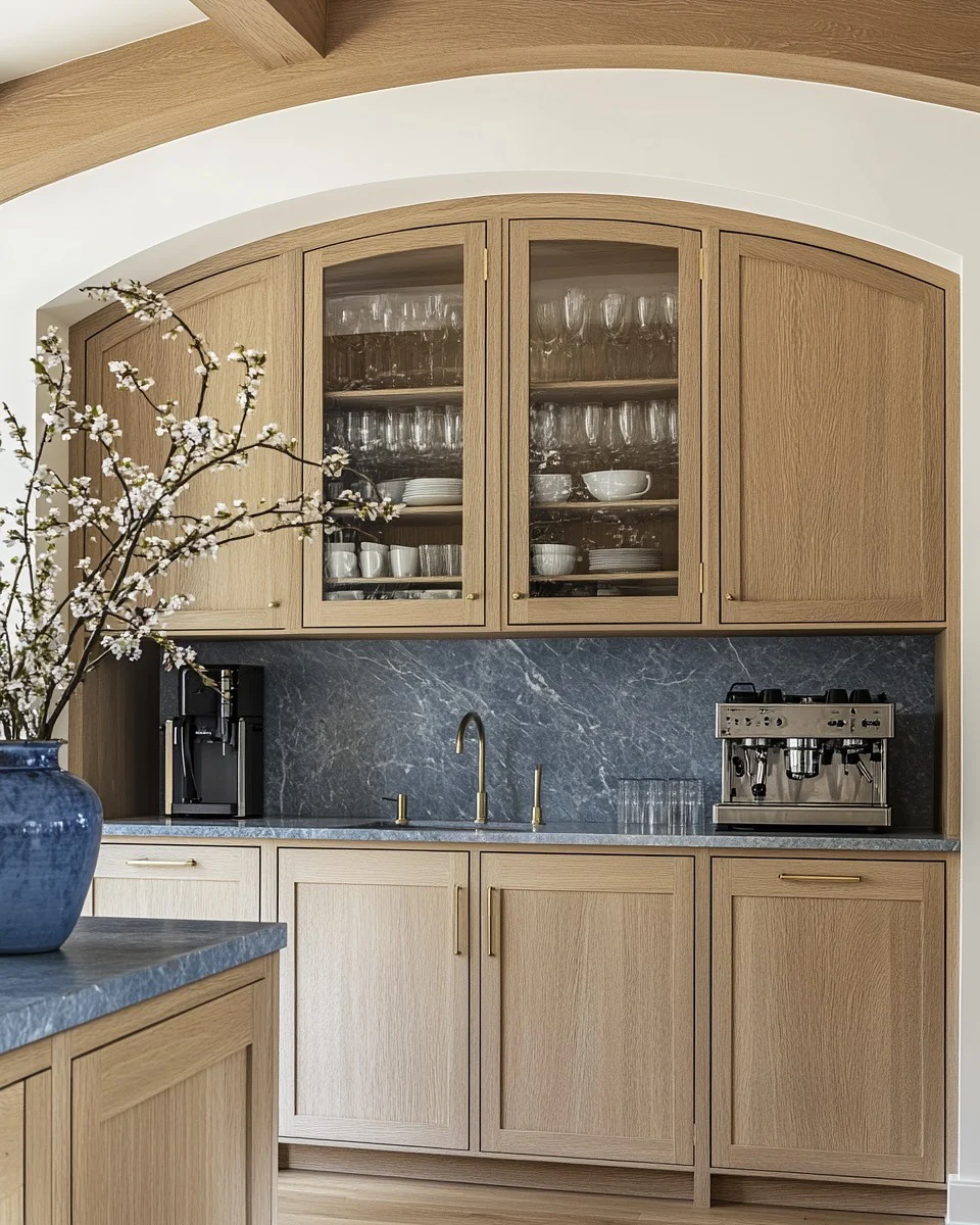 Kitchen with soft beige cabinets and denim blue marble