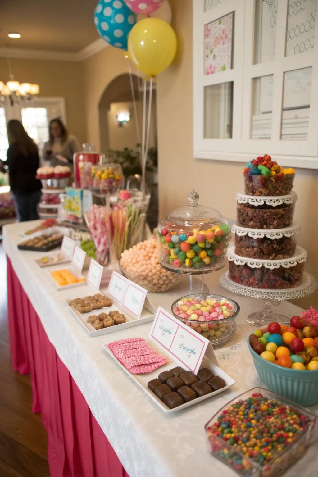 Candy stations provide a lively and customized dessert experience.
