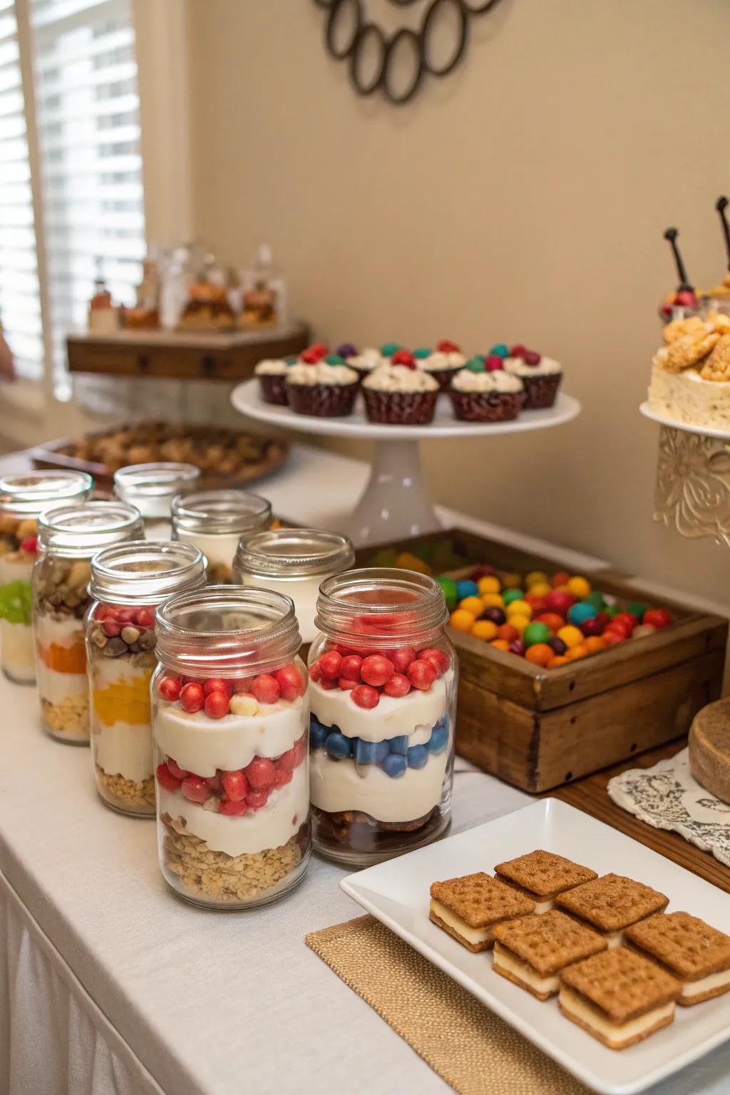 Clear glass containers provide a countryside elegance to dessert displays.