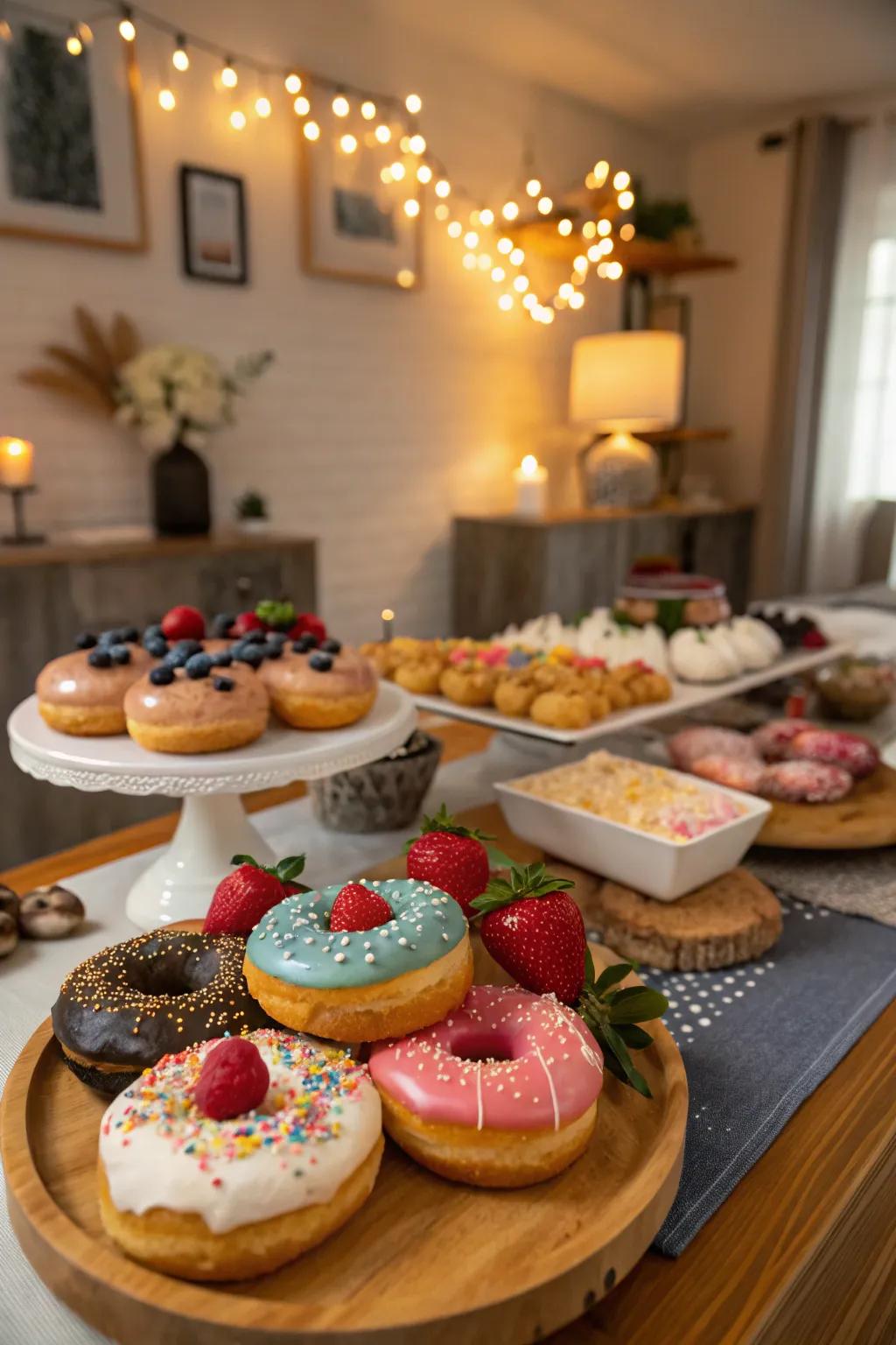 Doughnut displays offer a lively and colorful dessert option.
