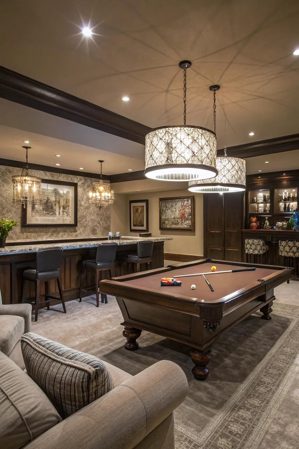 A billiard table serves as an ideal centerpiece in a game room.