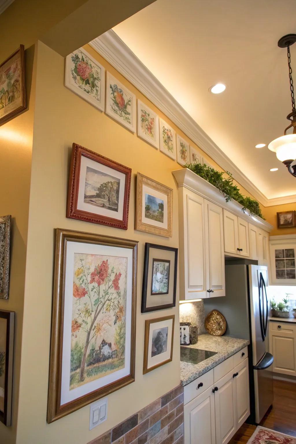 A kitchen soffit displays artwork, adding a unique, artistic touch.