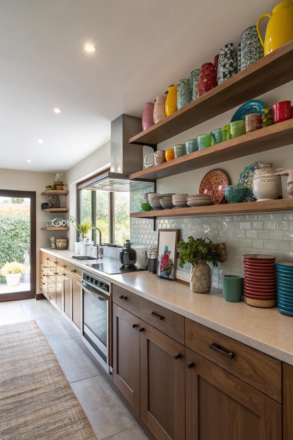 Decorative kitchen items are displayed on a long open shelf that replaces the soffit.
