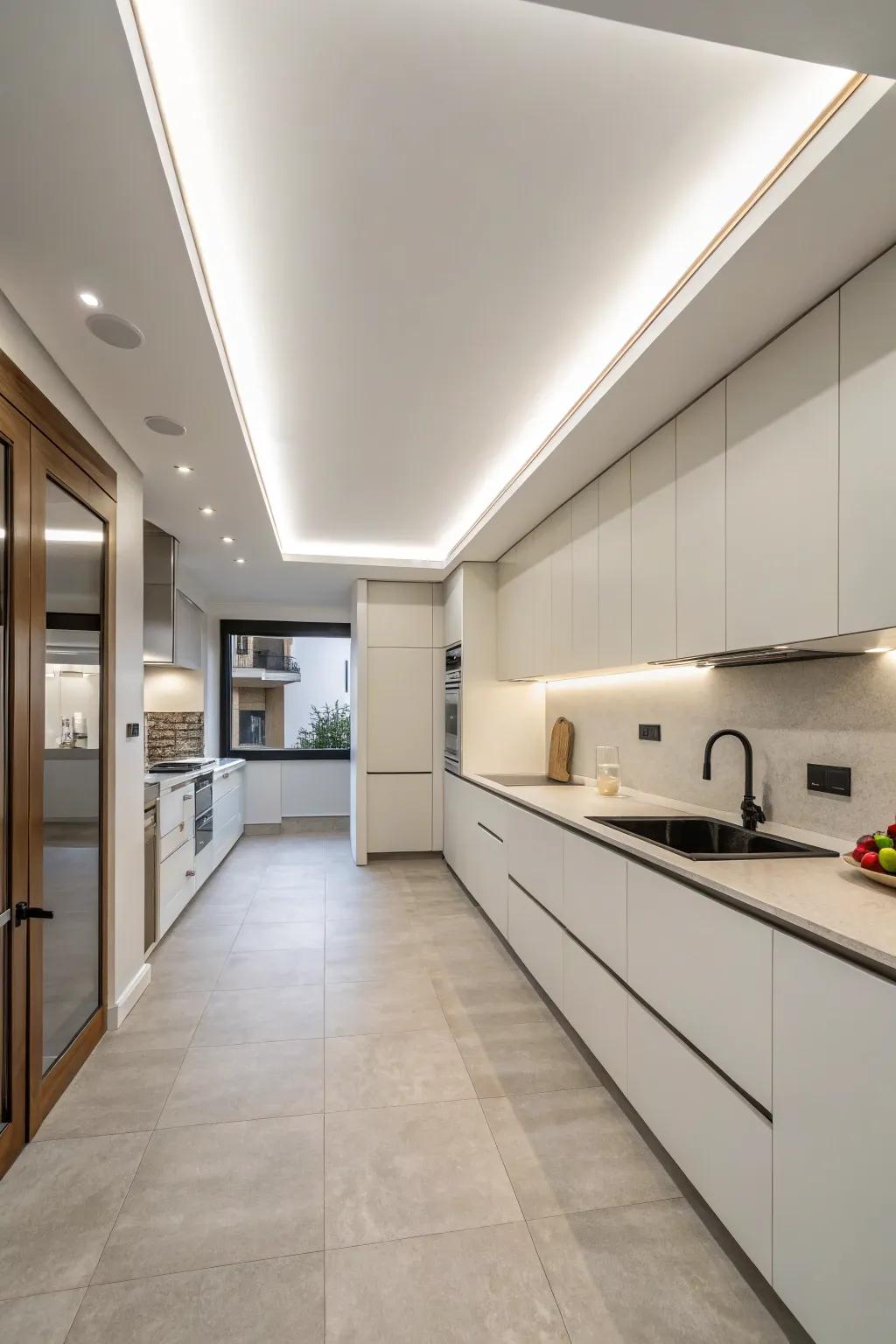 A simple soffit blends into the ceiling to create a tidy and contemporary kitchen.