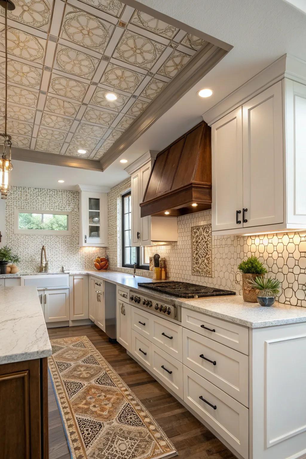 A matching tile-covered soffit enhances the kitchen's unified and elegant appearance.
