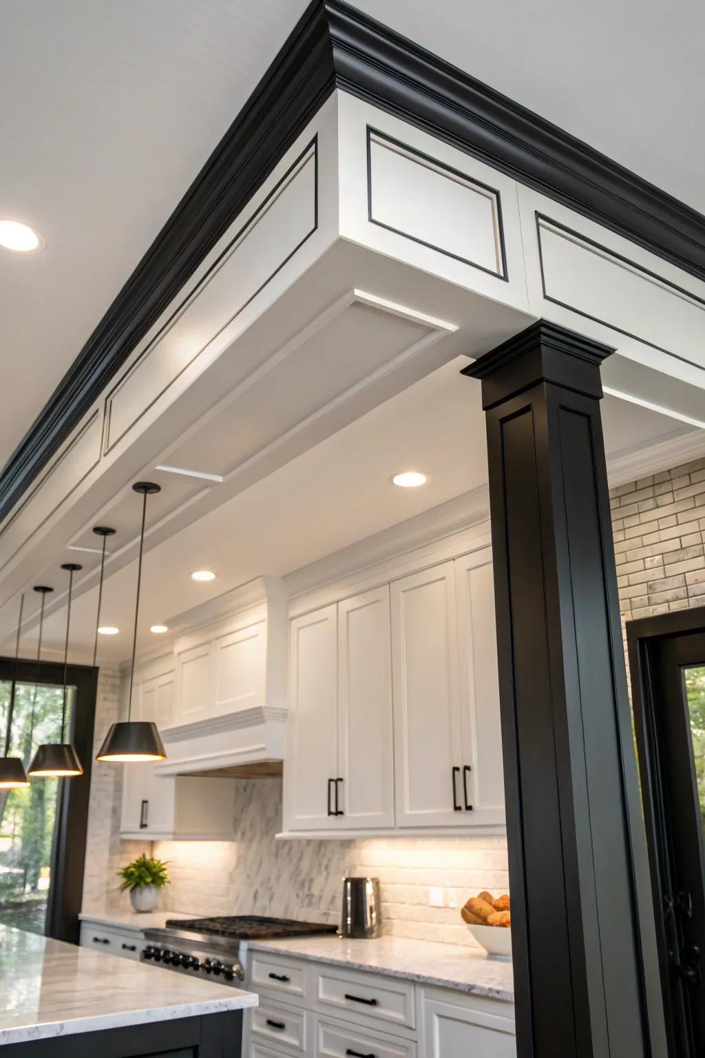 The kitchen is given a striking and modern touch by a soffit with contrasting trim.