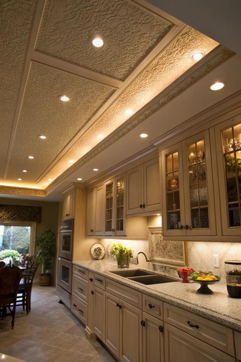 The kitchen is made warmer and cozier by recessed lighting in the soffit.