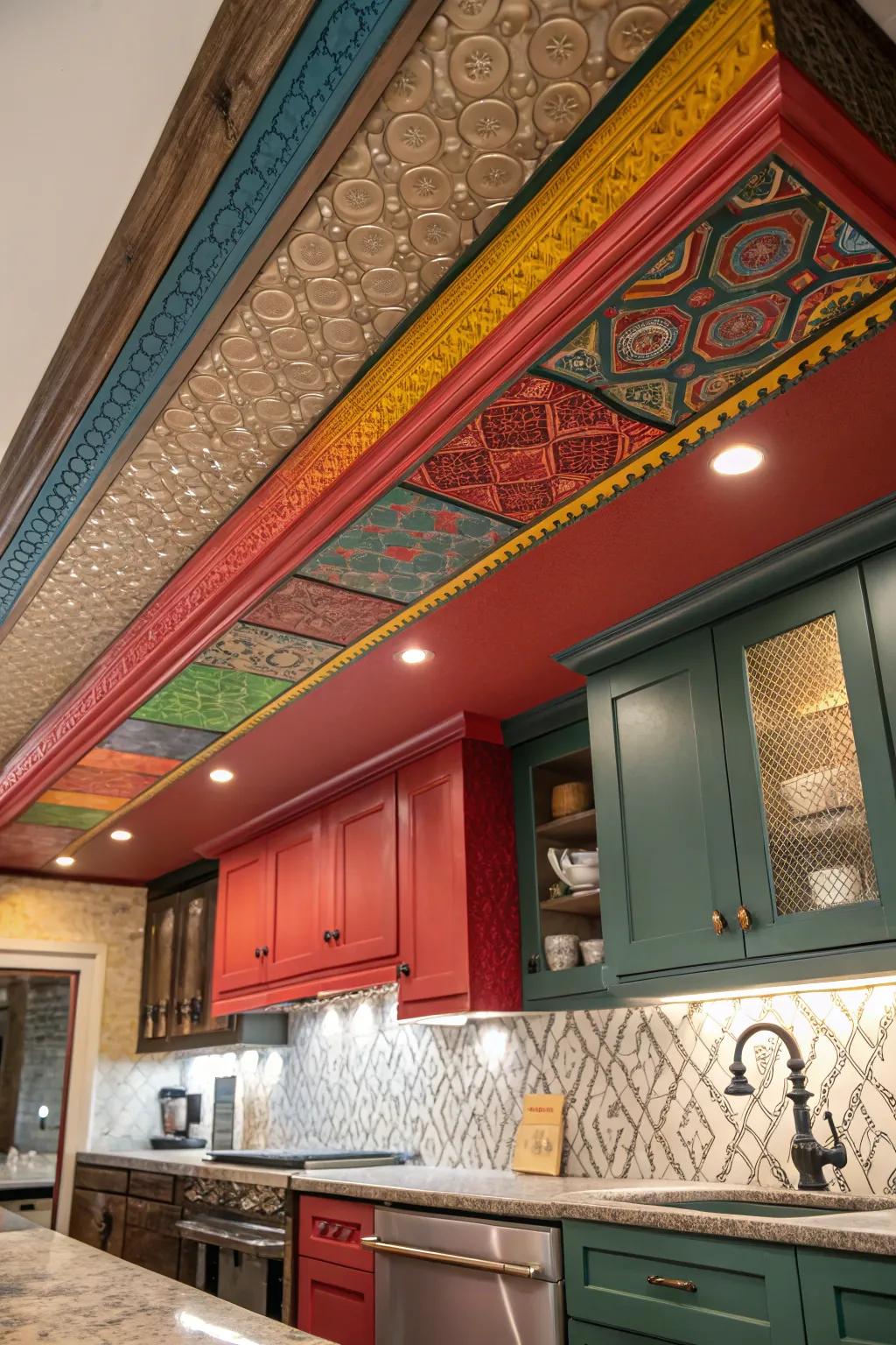 The kitchen is given a creative touch by a soffit with striking color and texture.