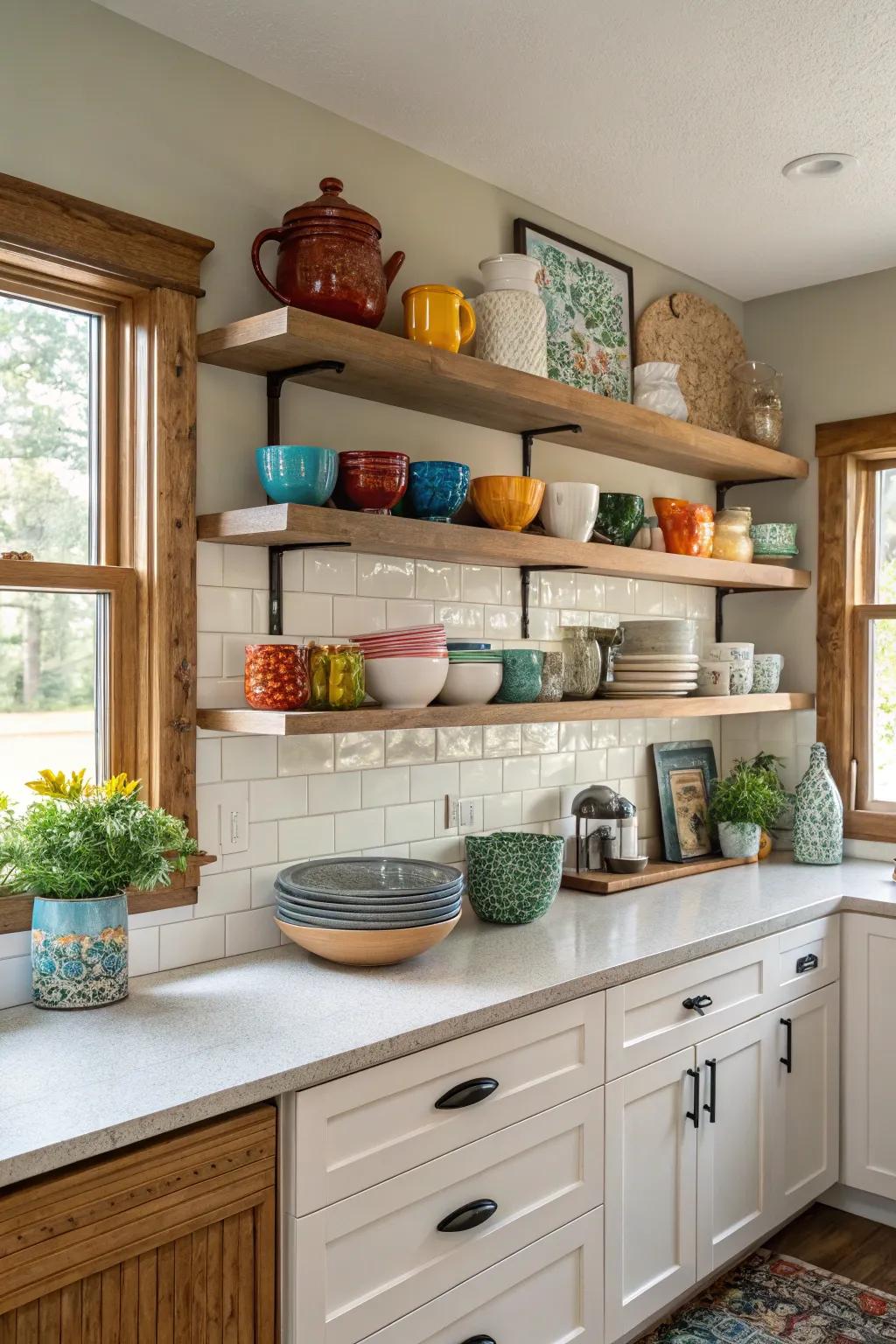 On the soffit area, open shelves display fashionable kitchenware.