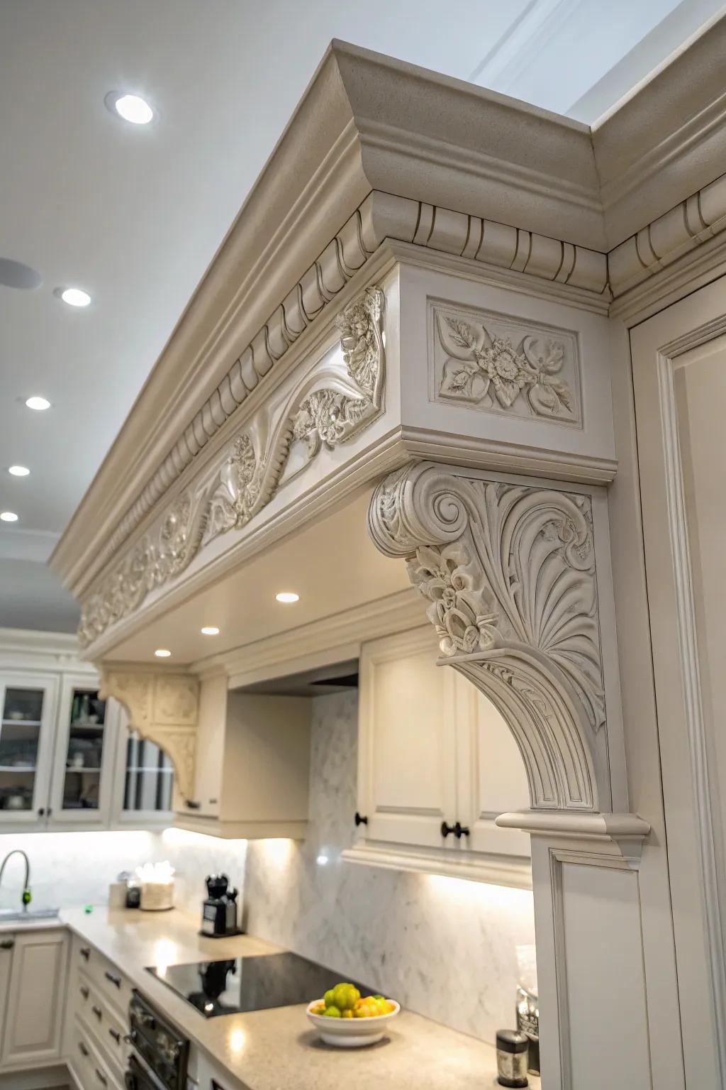 Ornamental moldings give the kitchen soffit a classy appearance.