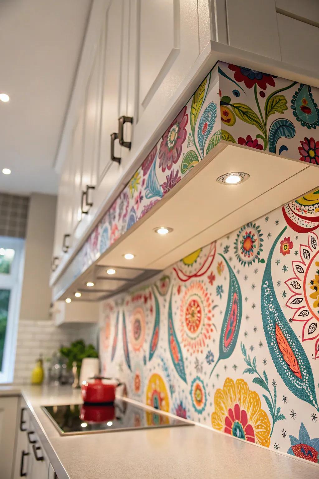 The kitchen is given a lively and colorful touch by a soffit with patterned wallpaper.