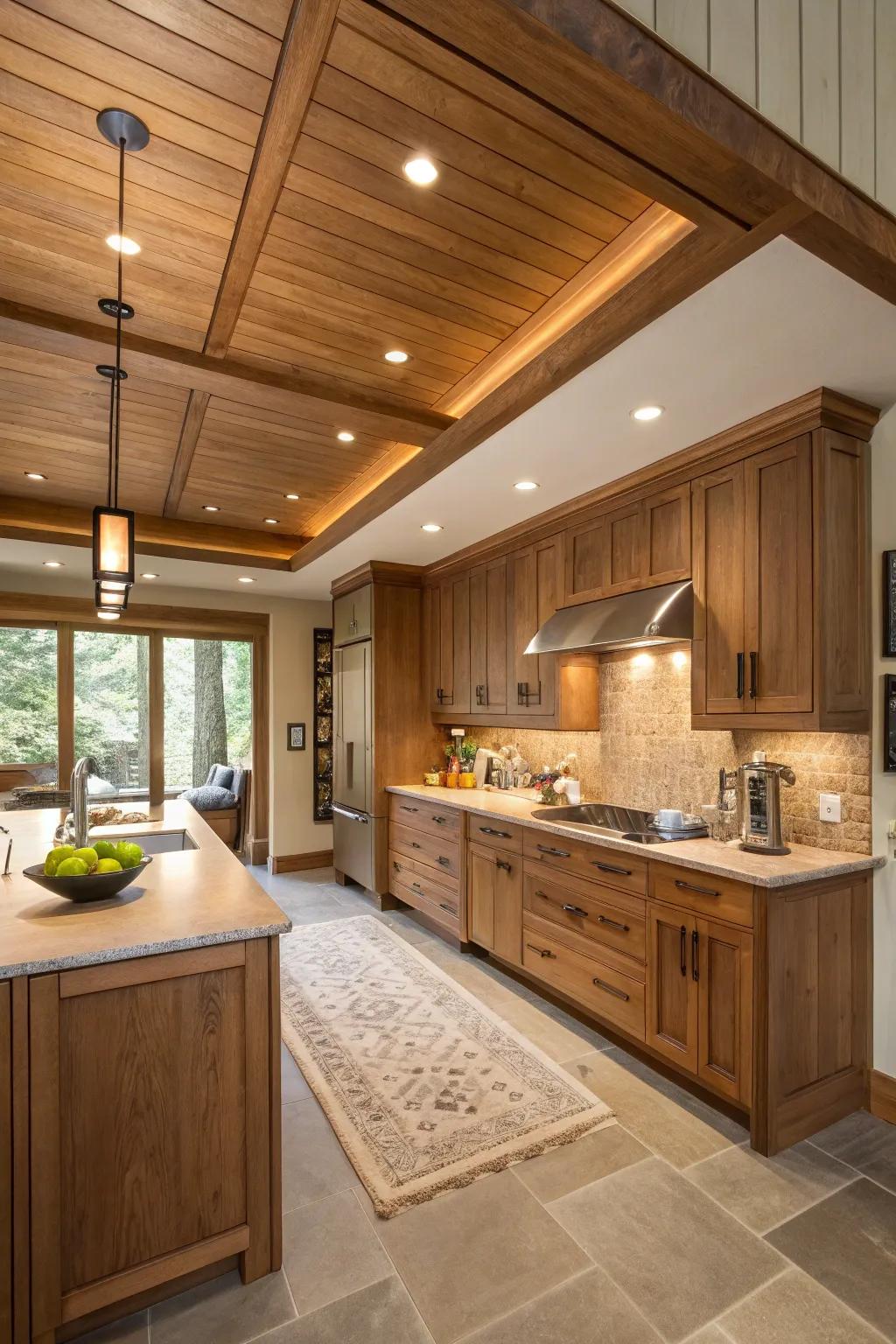 The kitchen is given a warm and cohesive design by a soffit covered in wood veneer.