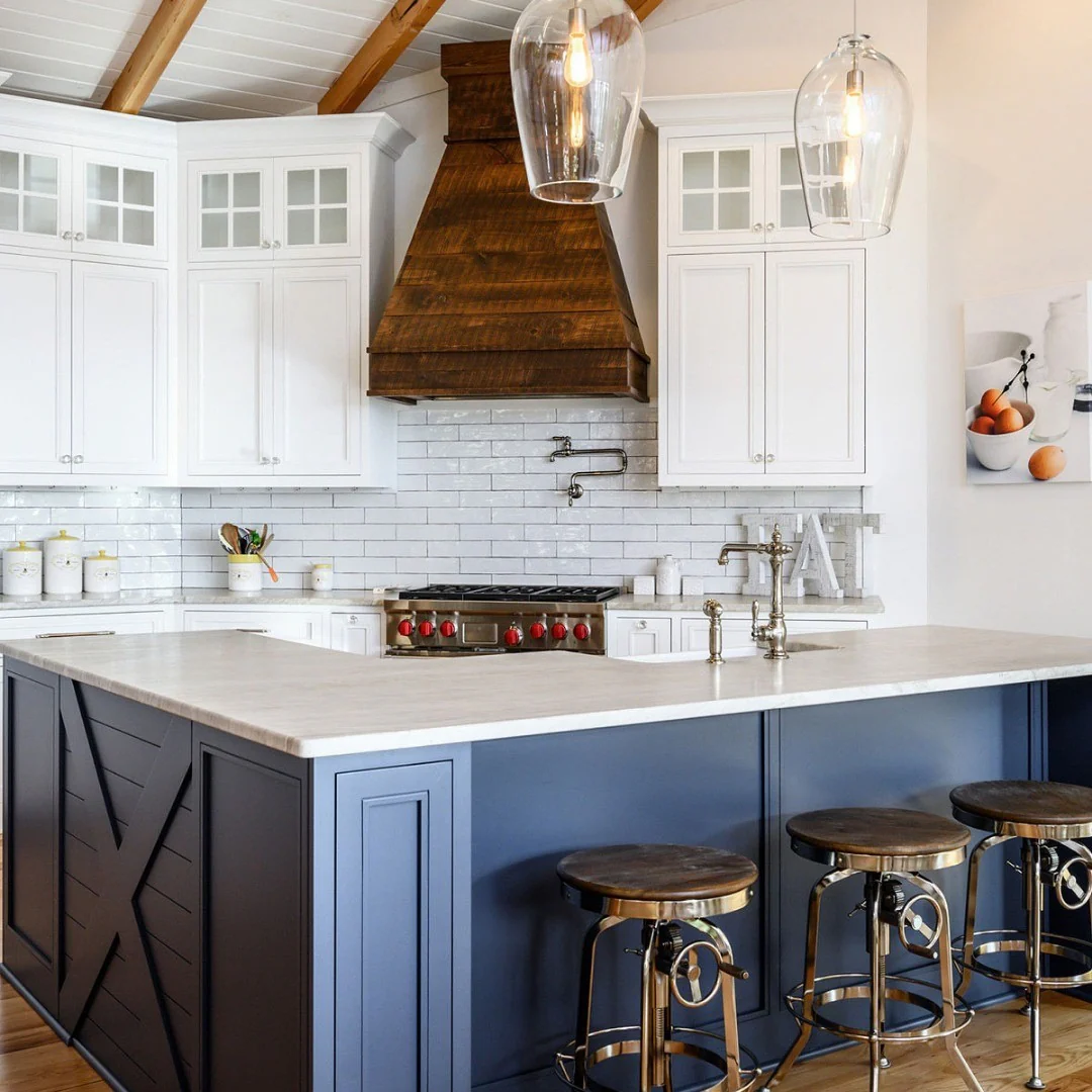 Transitional Farmhouse Kitchen with Navy Island
