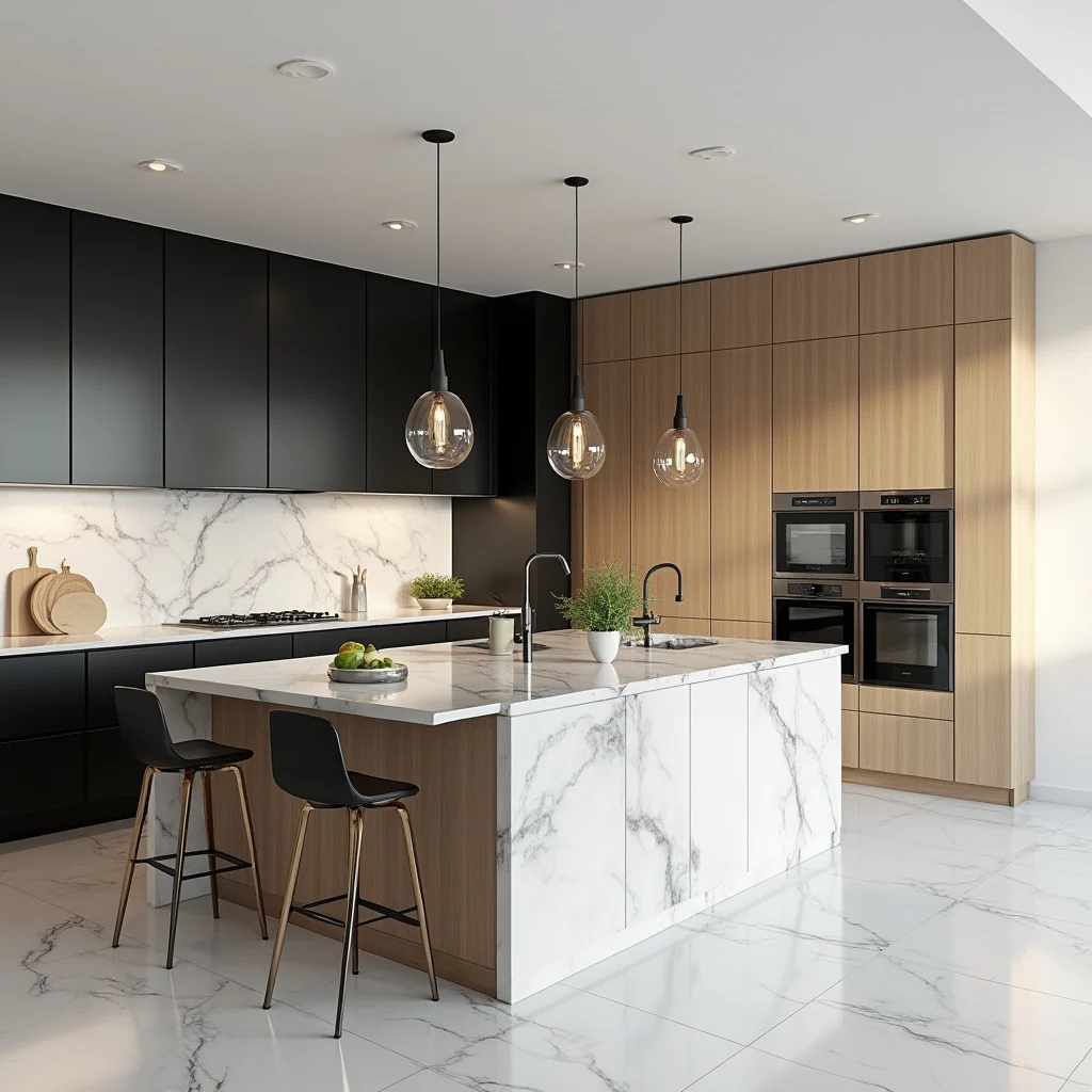 Luxury Marble and Black Kitchen with Wood Cabinetry