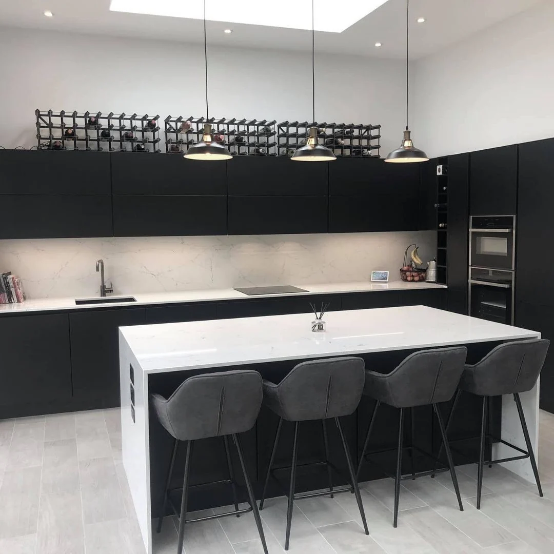 Bold Monochrome Kitchen with Wine Rack