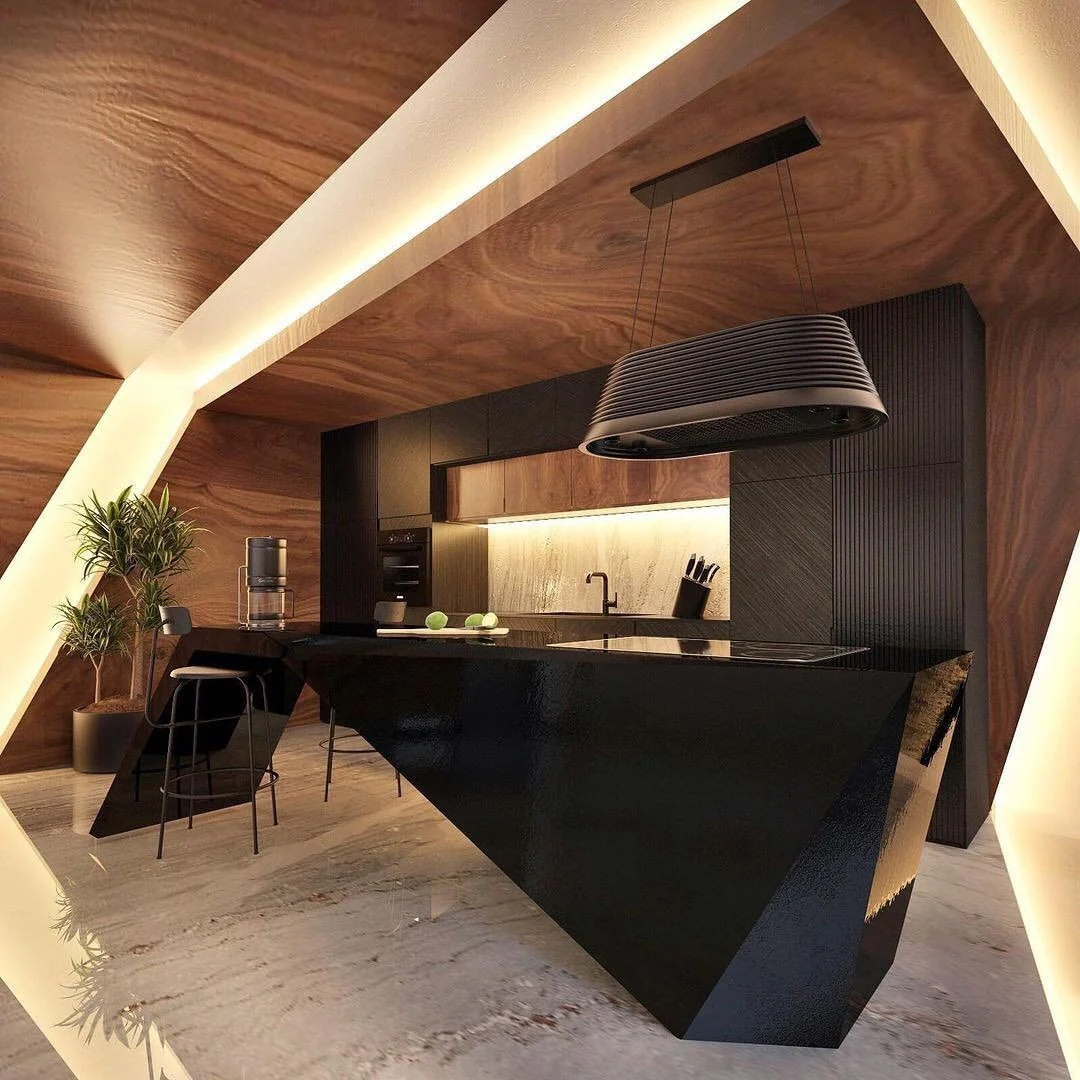 Futuristic Angular Kitchen with Sculptural Island