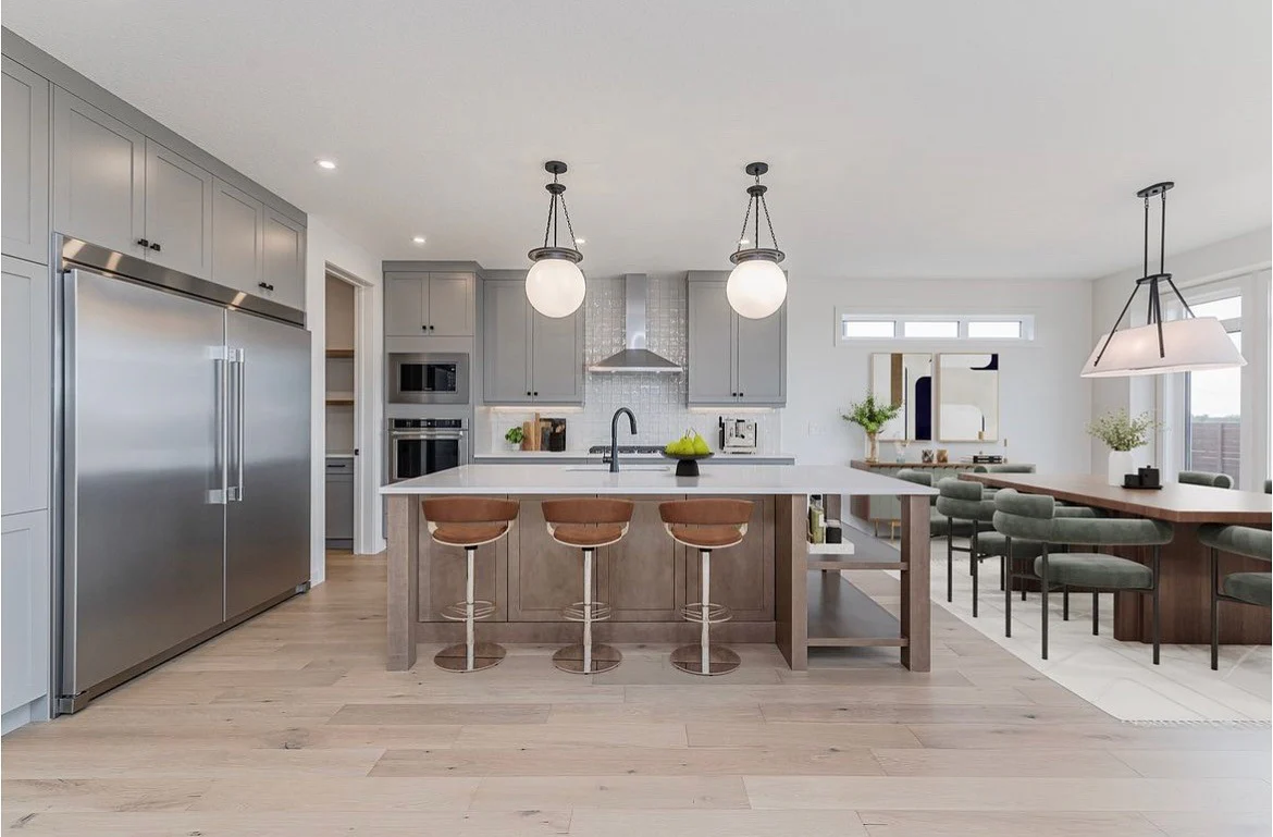 Soft Gray Kitchen with Oak Island and Dining Extension
